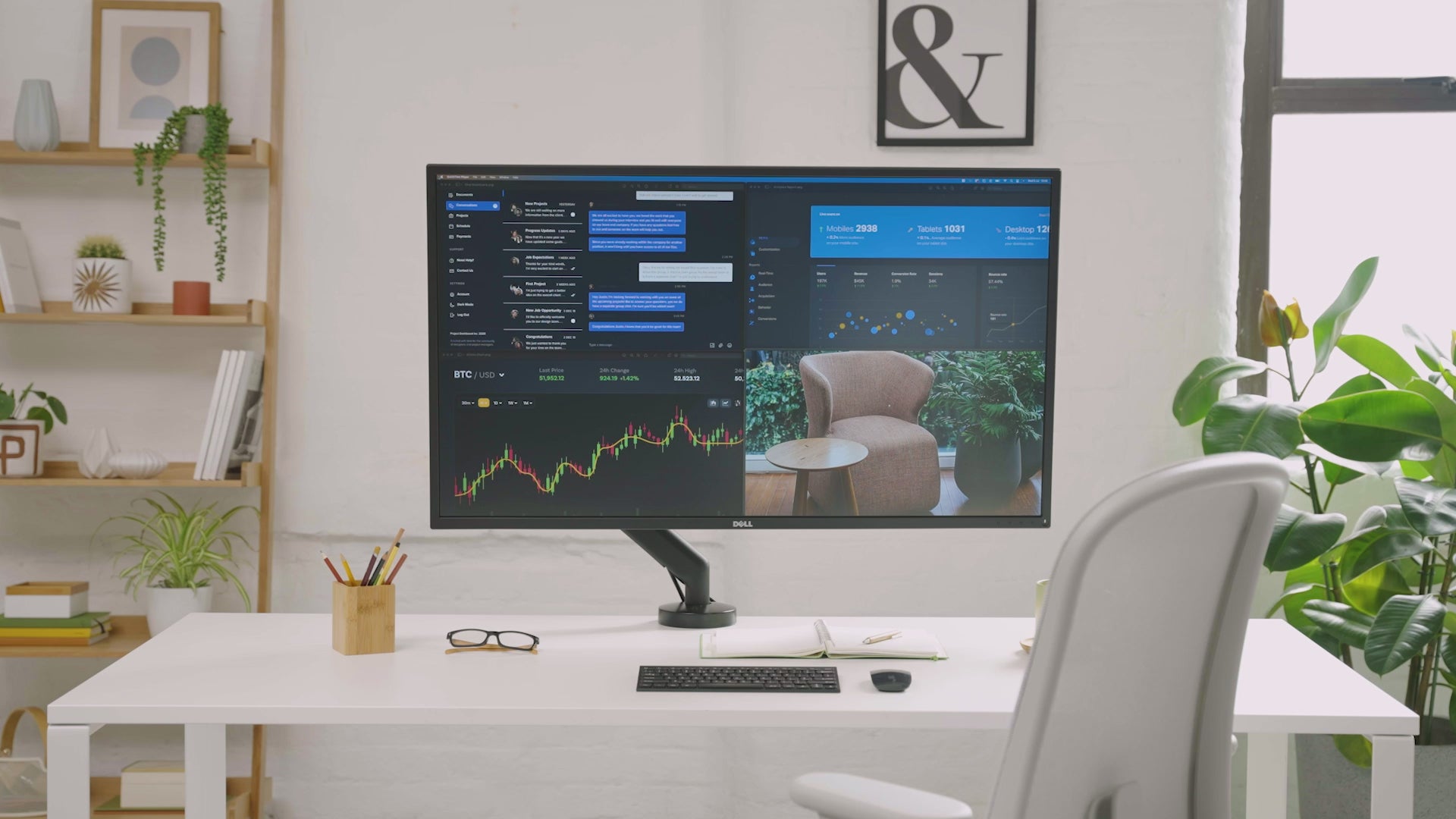 A monitor mounted on a desk